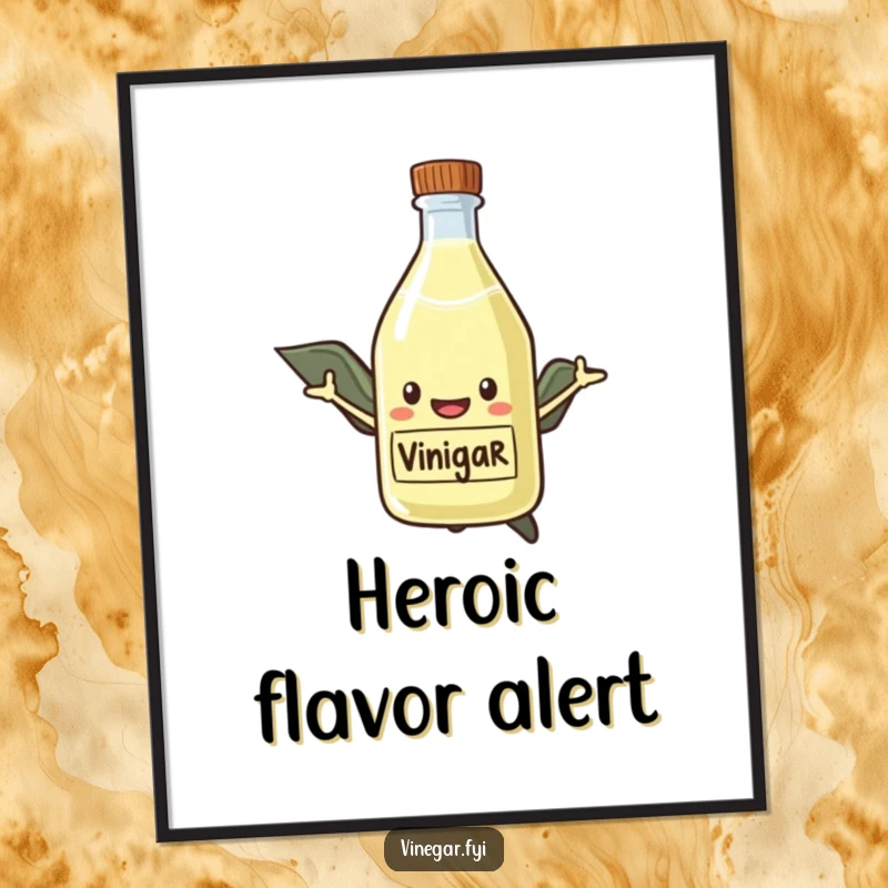 Funny Poster print of a smiling vinegar bottle in a cape, flying majestically, bringing a heroic and humorous vibe to any wall.