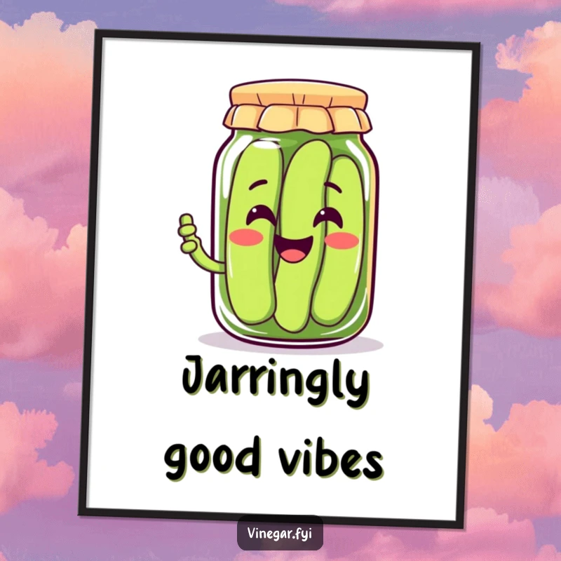 Funny poster of a happy Kawaii pickle jar character with a wide smile, offering a pickle, vibrant and cheerful wall art.