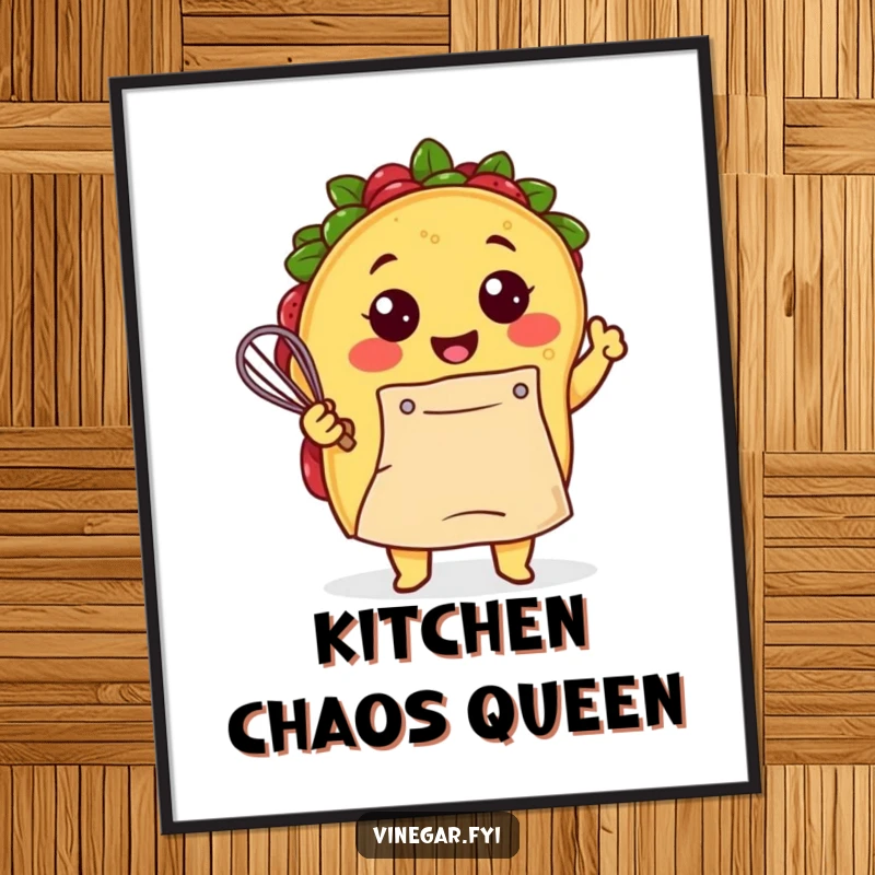 Funny Kawaii taco, wearing an apron and beaming, whisking batter with enthusiasm on this humorous and vibrant kitchen art poster.