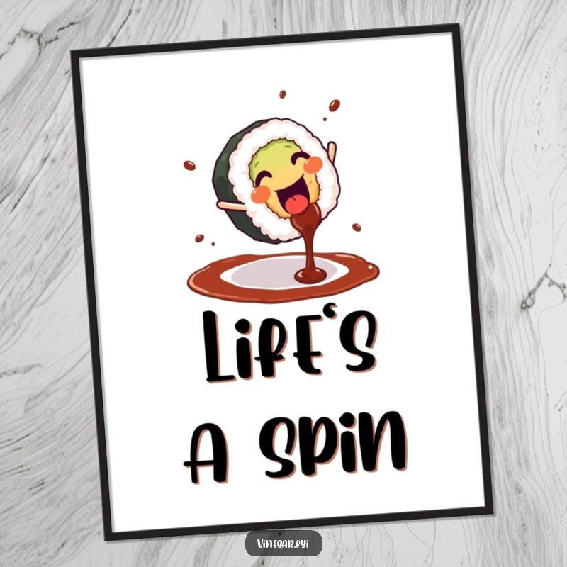 Funny poster of a cheerful sushi roll performing a dynamic cartwheel with soy sauce splashing, a vibrant and humorous piece.