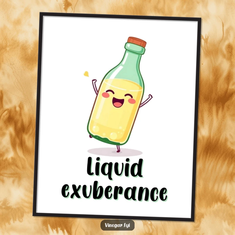 Funny, stylized vinegar bottle poster depicted joyfully tipping itself over, radiating happiness and charm.