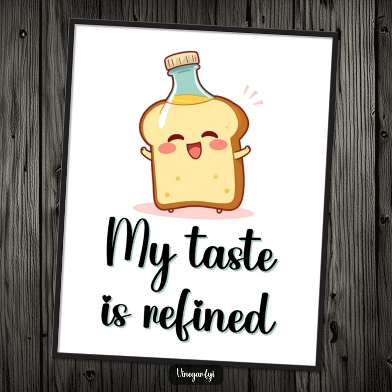 Funny poster of a bread slice comically recoiling from a vinegar bottle, creating a humorous and relatable kitchen scene.