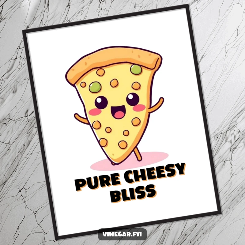 Funny Kawaii Pizza Poster: A cute slice of pizza happily wiggles its cheesy toppings, bringing a taste of humorous joy to your decor.