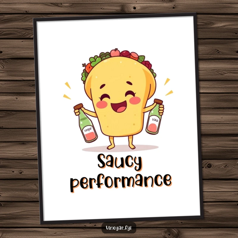 Funny poster art of a happy taco juggling three tiny bottles of vinegar, creating a lively and humorous culinary display.