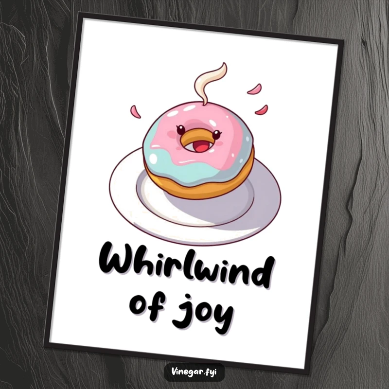Funny donut poster of a joyful donut spinning with frosting flying, creating a dynamic and sweet piece of art.