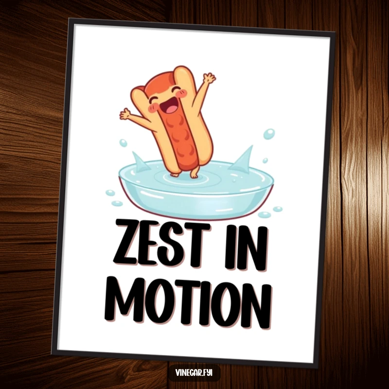 Funny poster: A delighted hot dog performs a cartwheel in a pool of vinegar, bringing a unique and humorous visual to any room.