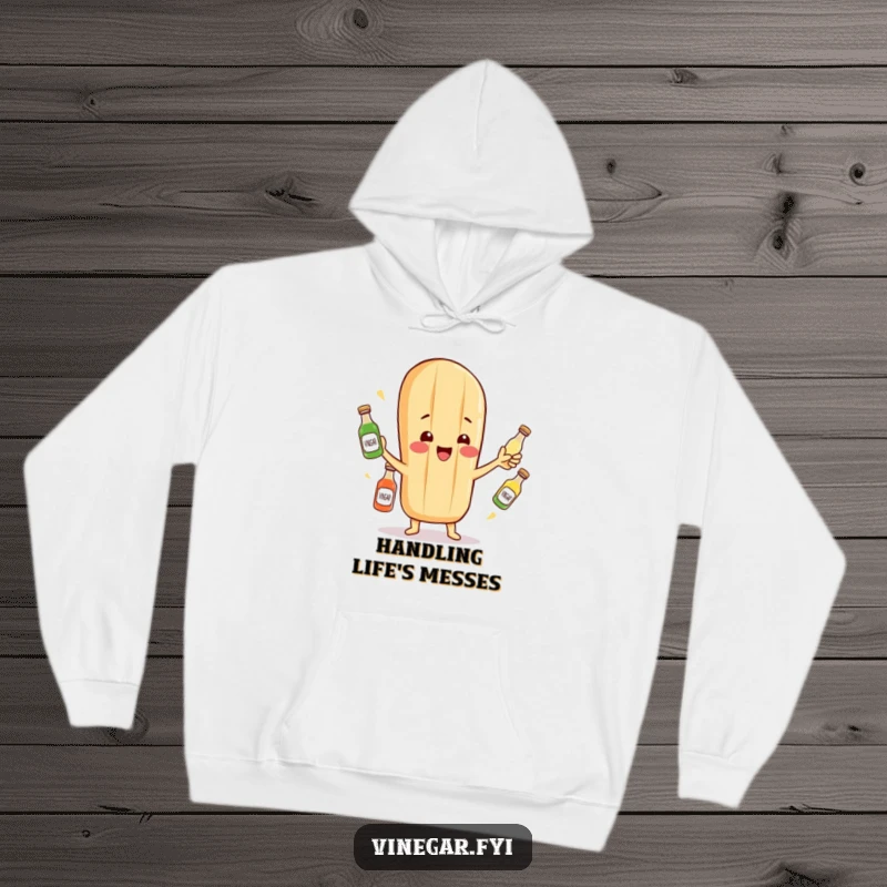 Funny hoodie with a cheerful baguette character juggling miniature vinegar bottles, showcasing impressive dexterity.
