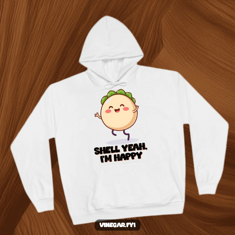 Funny hoodie featuring a happy, round taco character enthusiastically performing a silly jig, spreading delicious fun.