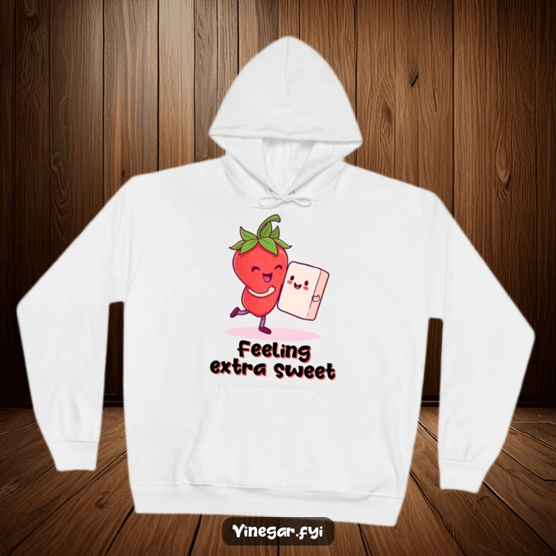 Funny hoodie depicting a delighted strawberry dancing with a sugar cube partner, offering cozy comfort and sweet humor.