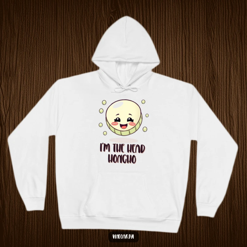 Funny hoodie print of a smiling bottle cap energetically juggling sparkling vinegar droplets, a maestro of condiments.