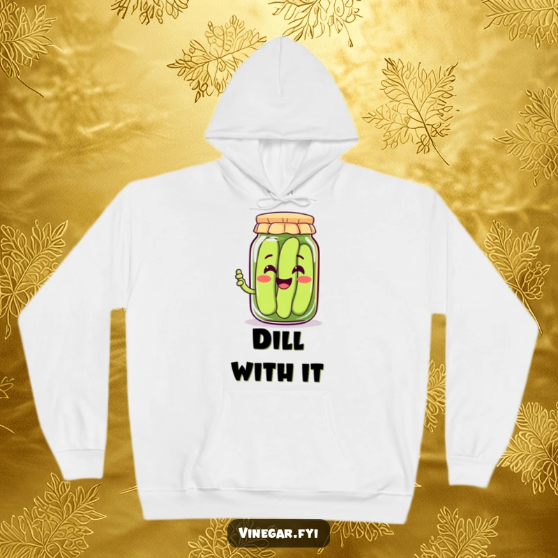 Funny hoodie featuring a joyful Kawaii pickle jar character with a big smile, offering a pickle, cozy and humorous apparel.