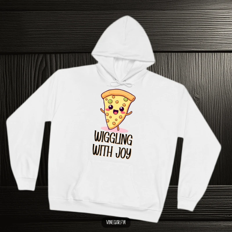 Funny Kawaii Pizza Hoodie: A cute slice of pizza happily wiggles its cheesy toppings, offering warm, humorous comfort.