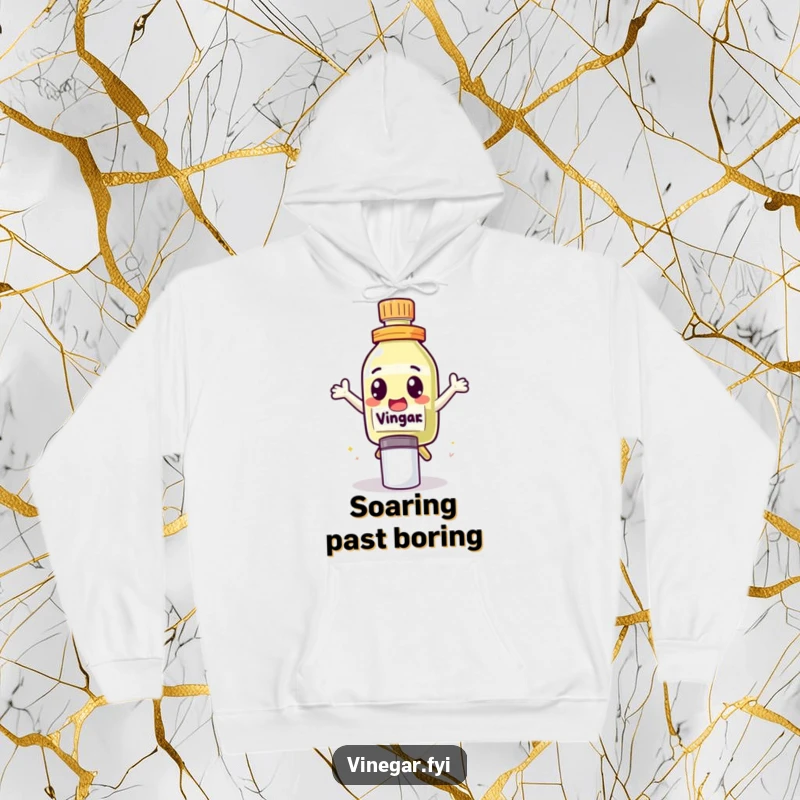 Funny Hoodie featuring a cute vinegar bottle character with excited eyes, leaping over a salt shaker, offering warmth and fun.