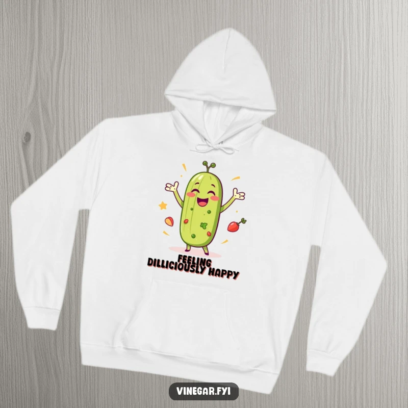 Funny hoodie illustrating a happy pickle dancing joyfully with salad ingredients, providing warmth and a dose of humorous celebration.