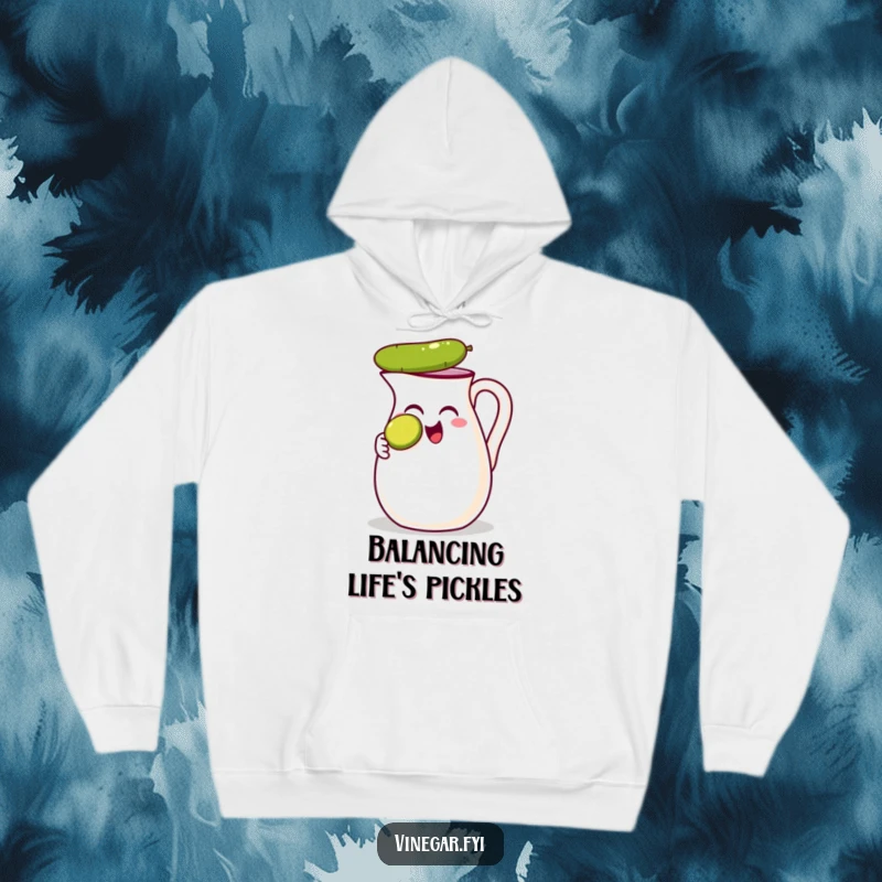 Funny hoodie showing a thrilled vinegar jug balancing a pickle slice on its nose, offering warmth and comical delight.