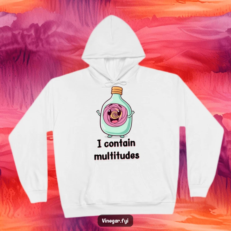 Funny happy squat bottle character proudly displaying a swirling vortex inside, featured on a soft and cozy hoodie.