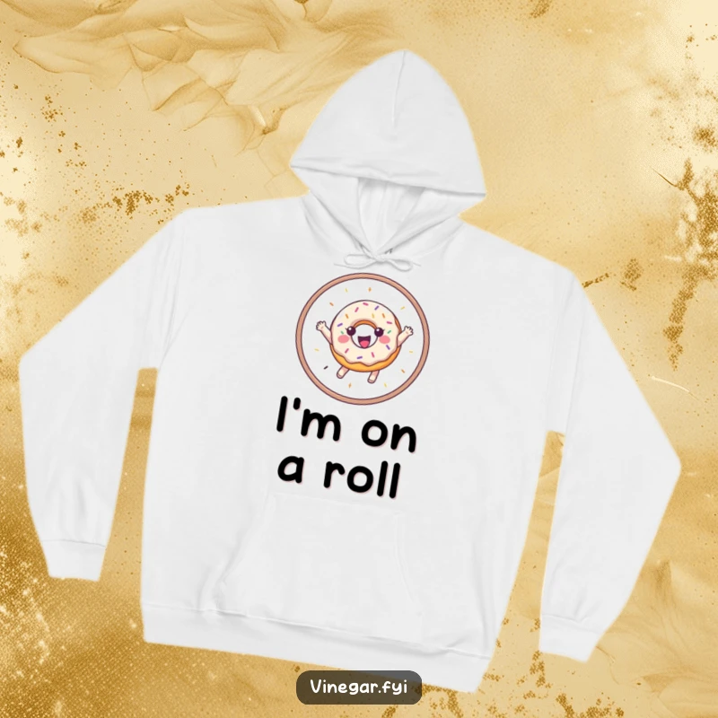 Funny hoodie depicting a gleeful donut with vibrant sprinkles performing an athletic leap through a hoop.