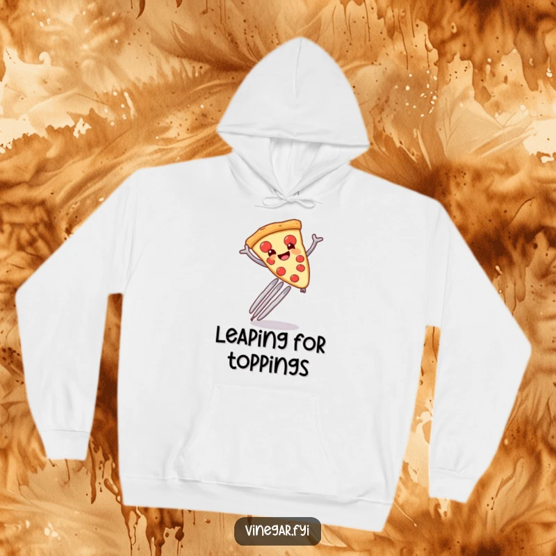 Funny smiling pizza slice leaping enthusiastically over a giant fork, featured on a soft and warm hoodie.