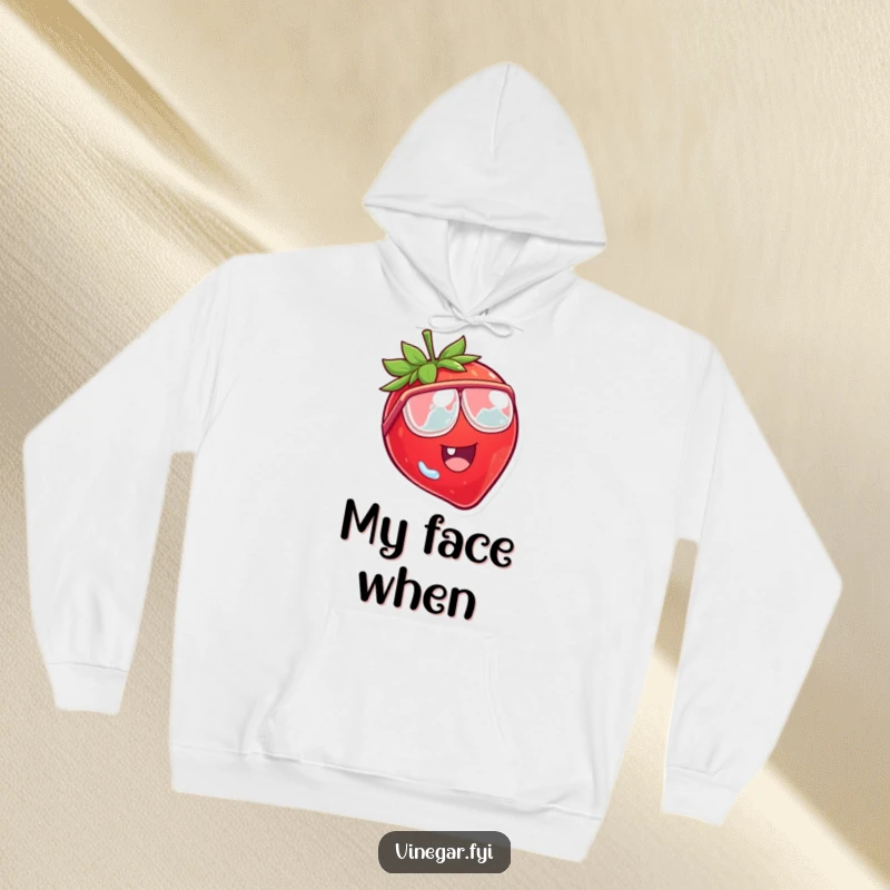 Funny hoodie with a laughing strawberry character wearing tiny vinegar goggles, eyes wide with surprise.
