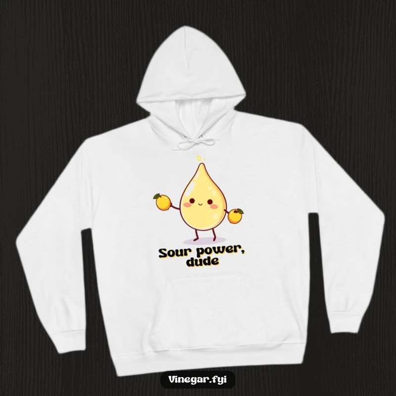 Funny vinegar droplet character juggling lemons on a cozy hoodie, showcasing a playful and humorous design perfect for cold days.