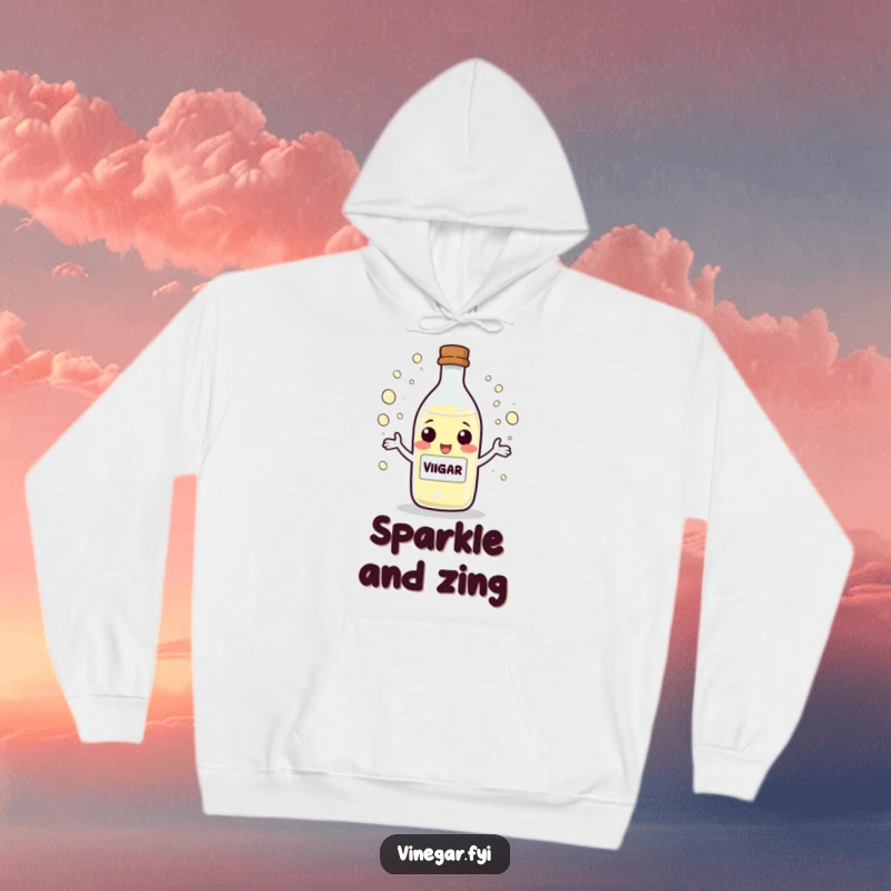 Funny Hoodie featuring a playful vinegar bottle character juggling sparkling droplets, offering warmth and a touch of delightful chaos.