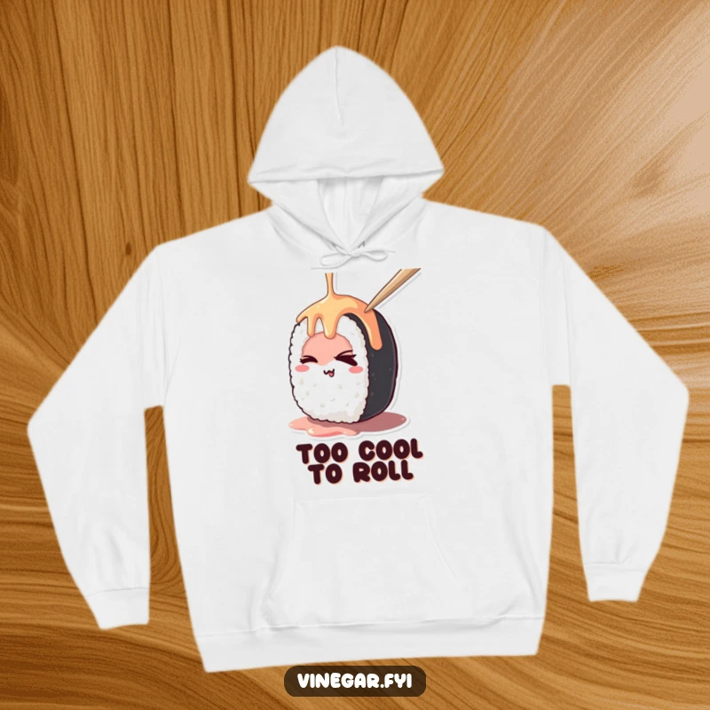 Funny kawaii sushi roll mischievously winking while being drizzled, on a cozy, funny hoodie, ideal for comfort and style.