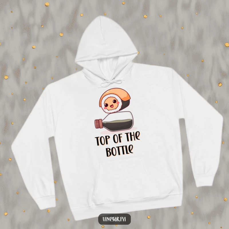 Funny hoodie: A happy, round sushi roll balances precariously on a vinegar bottle, offering warmth and a dose of delightful, food-themed absurdity.