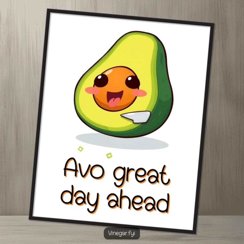 Funny Free Printable Wall Art: A delighted avocado slices itself with a tiny knife, showcasing culinary independence.