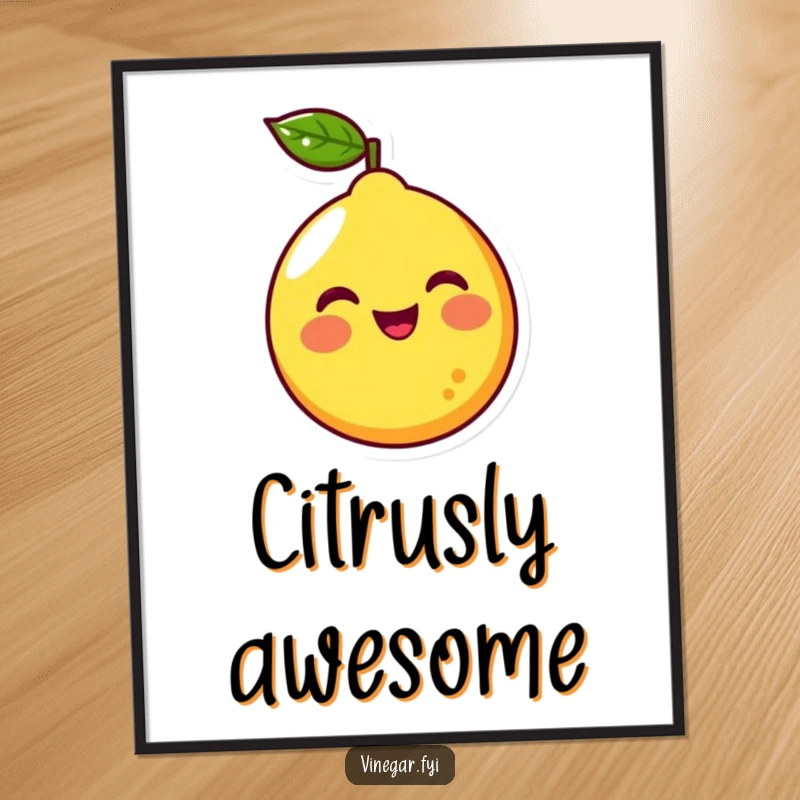 Funny Free Printable Wall Art: Smiling yellow lemon character with rosy cheeks squirts a stream of colorful liquid.