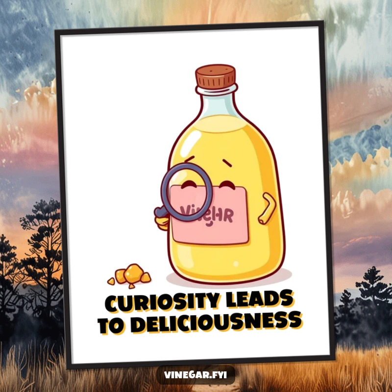 Funny Free Printable Wall Art: A curious vinegar bottle with a magnifying glass examines a tiny crumb with intense focus.