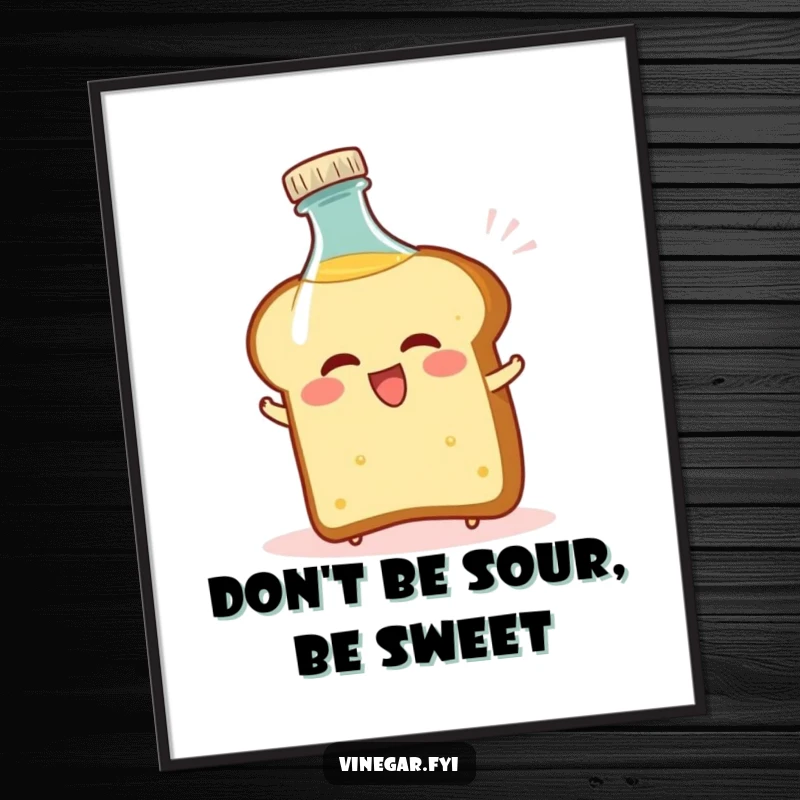 Funny free printable wall art capturing a slice of bread comically recoiling from a vinegar bottle, a humorous and relatable visual gag.