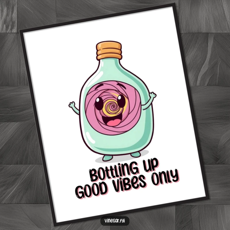 Funny Free Printable Bottle Wall Art: Happy squat bottle character proudly displaying a mesmerizing swirling vortex within itself, adding quirky charm.