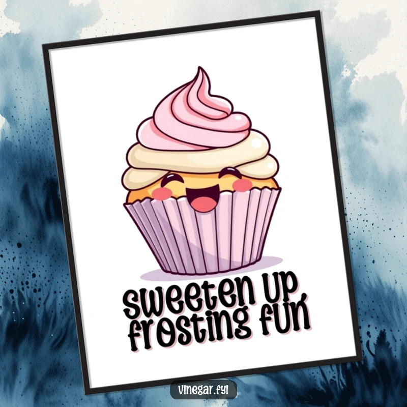 Funny Free Printable wall art: A kawaii cupcake joyfully frosts itself with a giggle, adding a whimsical and cute touch to decor.