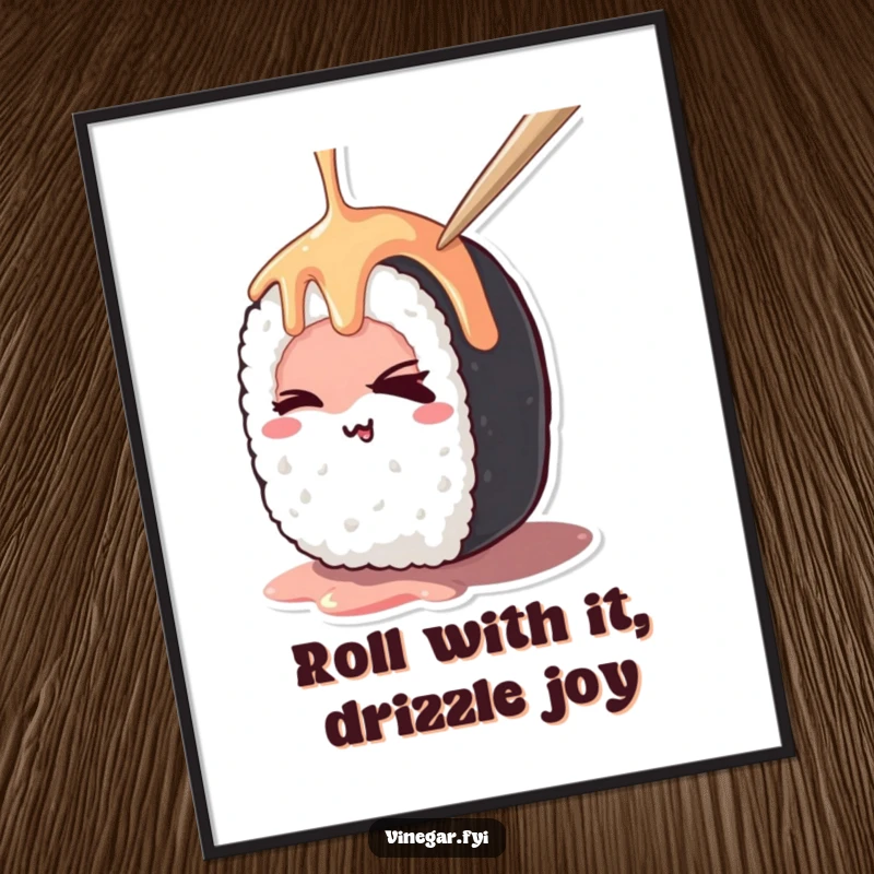 Funny Free Printable wall art: A kawaii sushi roll winks playfully while being drizzled, adding a touch of quirky charm to any room.
