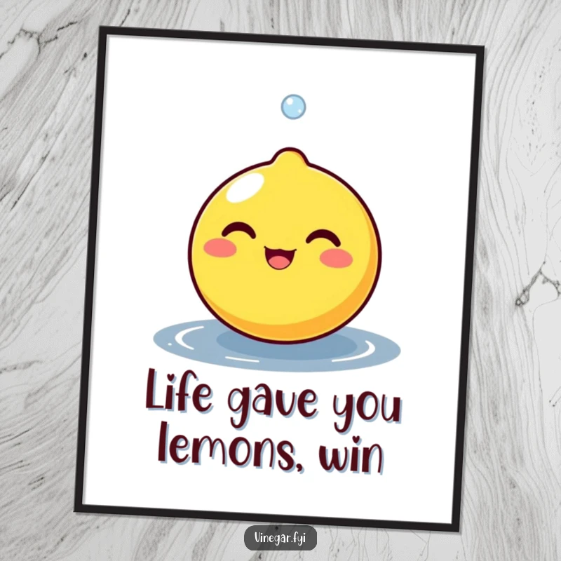 Funny Free Printable Lemon Wall Art: Delightful, round lemon character beaming with joy as a tiny droplet bounces off its surface.