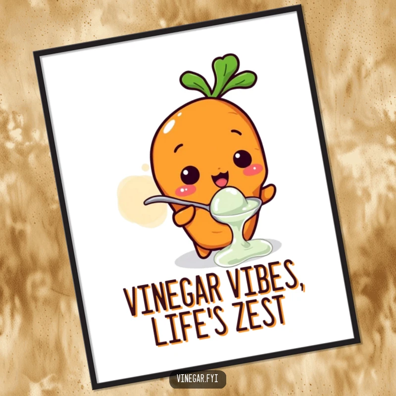 Funny Free Printable Wall Art: Kawaii carrot making a hilariously sour face while tasting vinegar from a tiny spoon.