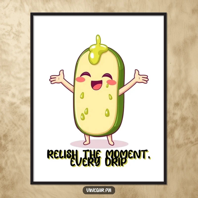 Funny Free Printable Wall Art of a giggling pickle slice with arms outstretched, catching drips of vinegar. Hilarious downloadable decor.