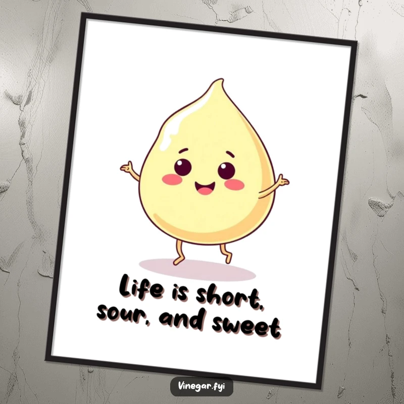 Funny Free Printable Wall Art of a smiling, jiggly vinegar blob with tiny legs doing a happy dance. Hilarious downloadable decor.