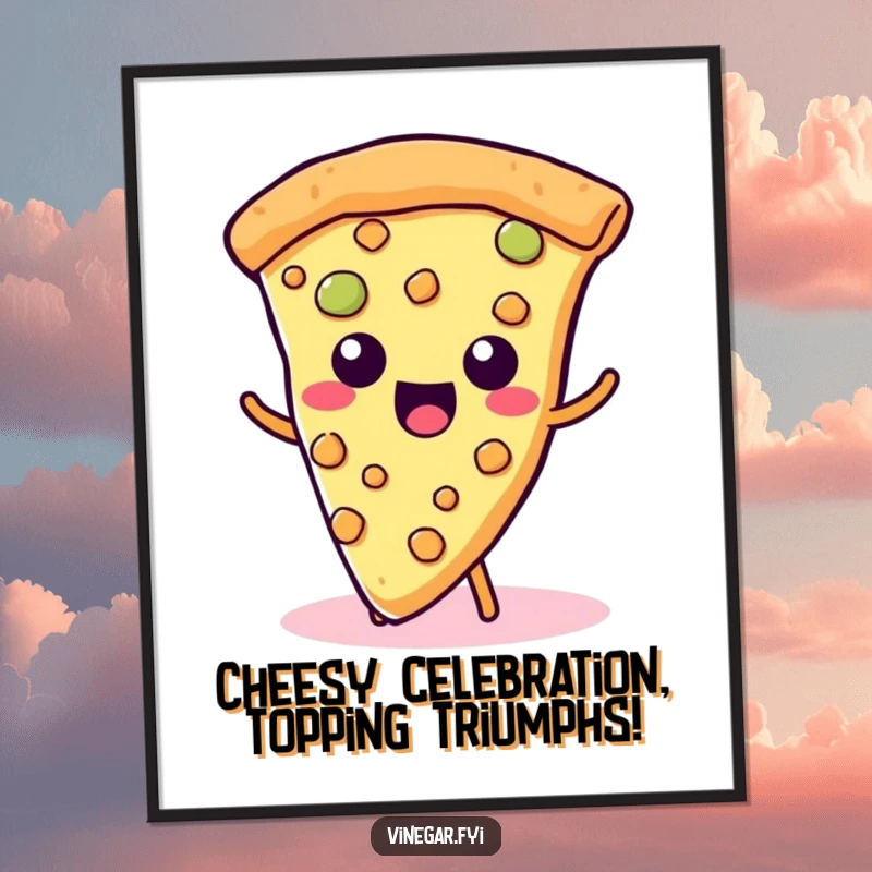 Funny Free Printable Wall Art: A kawaii slice of pizza joyfully wiggles its abundant cheesy toppings, radiating happiness.