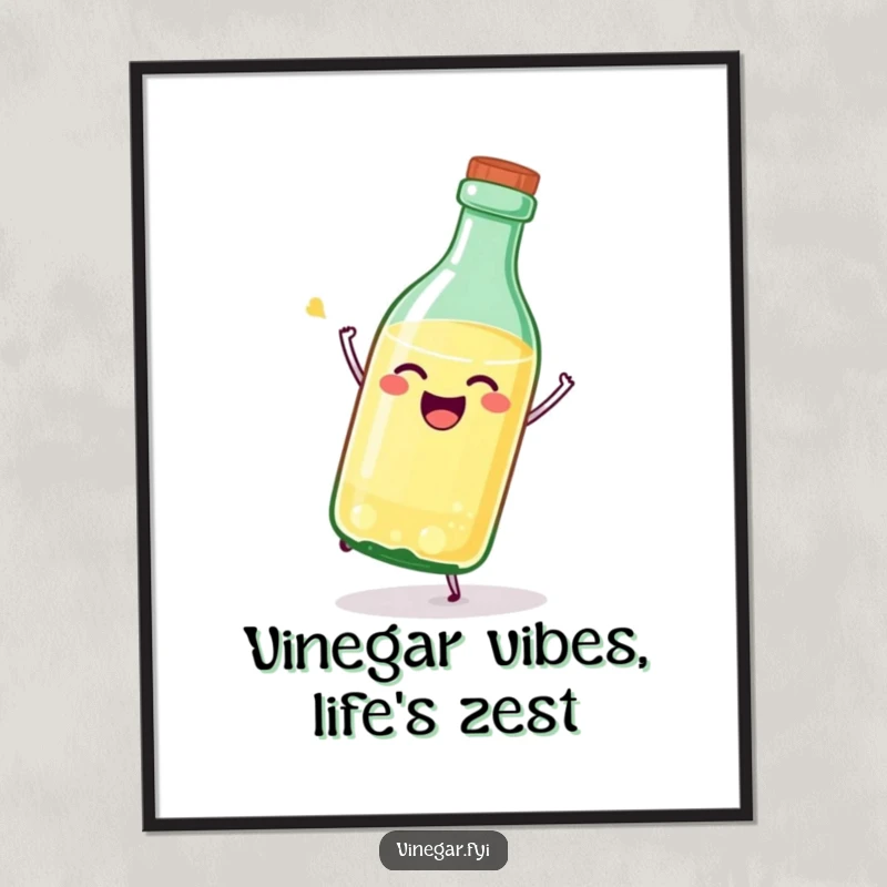 Funny Free Printable wall art of a joyful, stylized vinegar bottle tipping itself over with pure glee, radiating happiness.