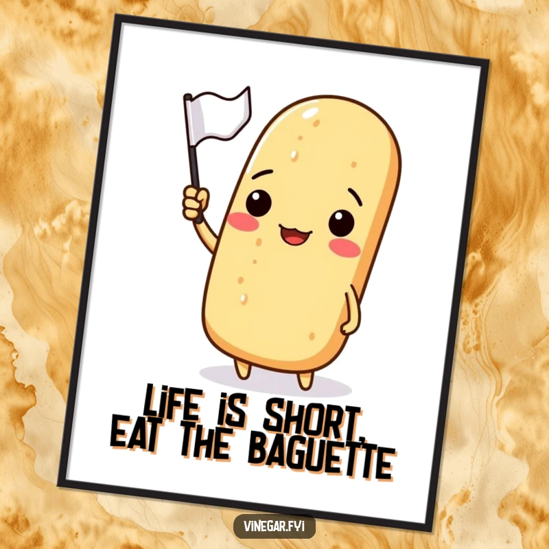 Funny Free Printable Wall Art showing a grinning baguette waving a tiny flag, full of cheerful spirit.
