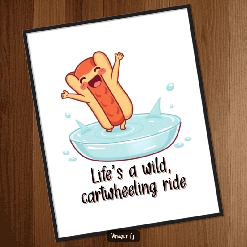 Funny free printable wall art: A delighted hot dog performs an athletic cartwheel in a pool of vinegar.