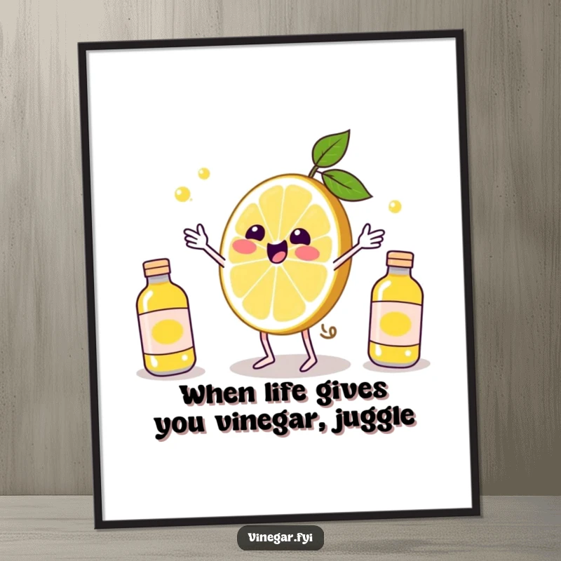 Funny Free Printable Wall Art: A delighted Kawaii lemon slice skillfully juggles small vinegar bottles, a vibrant and humorous composition.