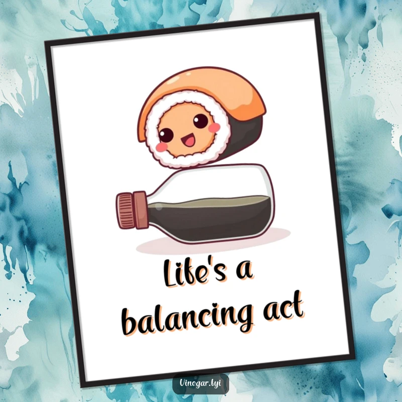 Funny free printable wall art: A happy, round sushi roll is captured mid-balance on top of a vinegar bottle.