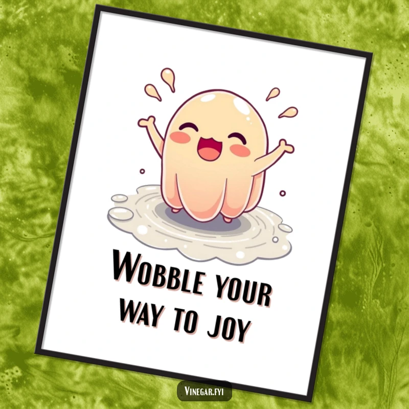 Funny Free Printable Wall Art: A wobbly, excited jelly character in mid-bounce, creating tiny humorous rivulets, full of infectious energy.
