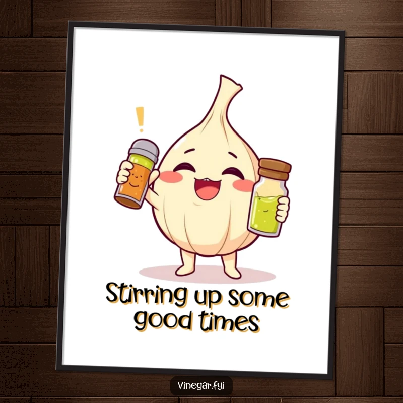 Funny free printable wall art featuring a giggling garlic clove triumphantly holding a tiny vinaigrette shaker, ready to add zest.