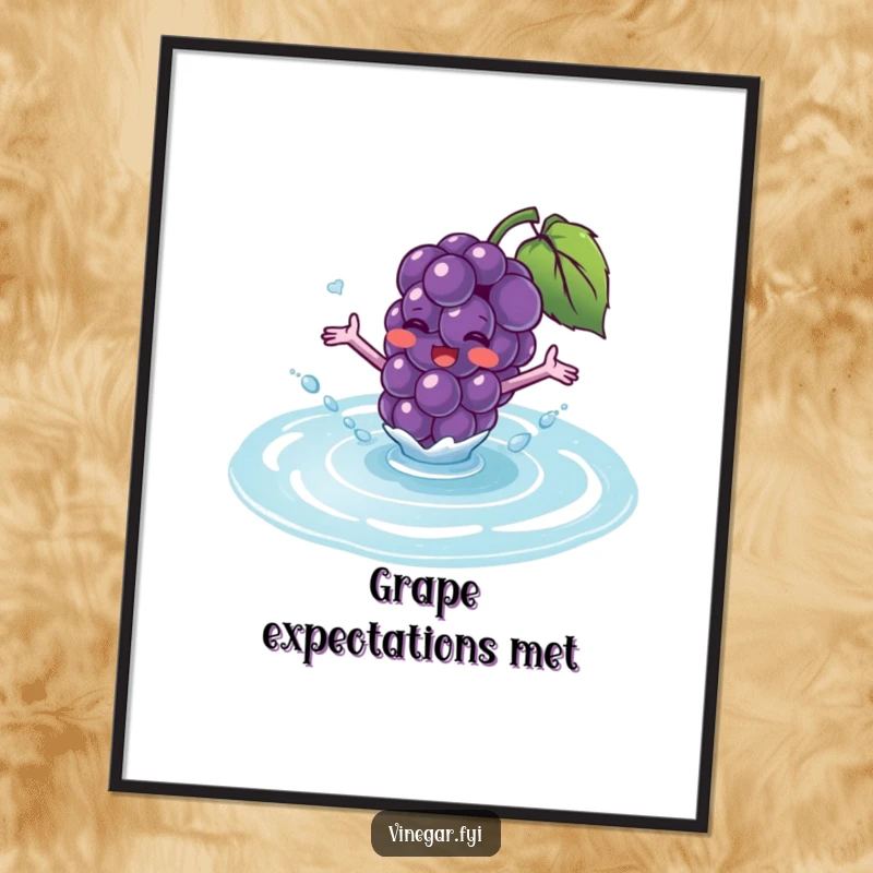 Funny Free Printable Wall Art: Blushing purple grape character with tiny arms excitedly splashes into a puddle.