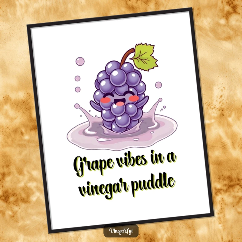 Funny Free Printable Wall Art: A giggling Kawaii grape character gleefully splashes in a vinegar puddle, a vibrant and funny scene.