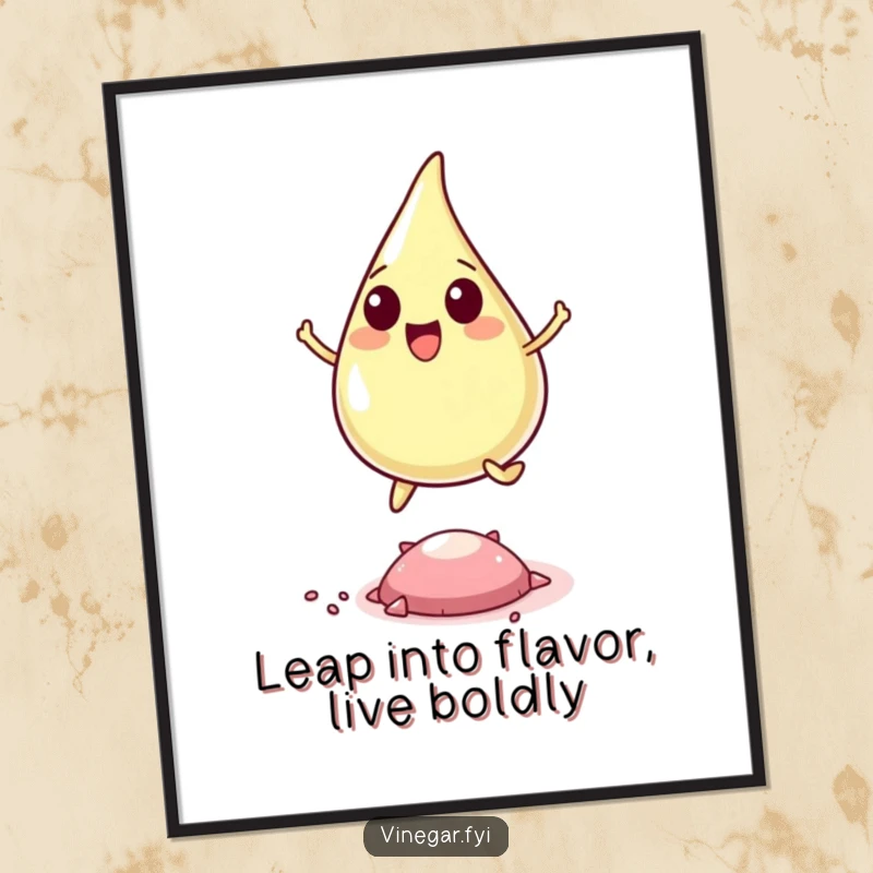 Funny Free Printable Wall Art: A happy vinegar drop leaps dynamically over a microscopic pepper flake, full of life and fun.