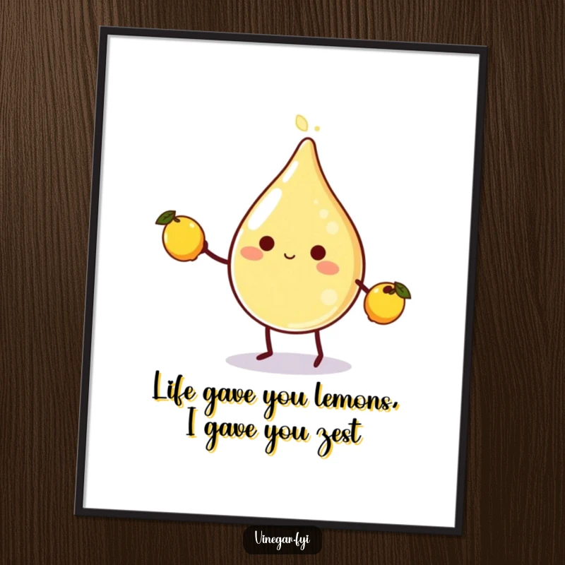 Funny Free Printable Wall Art: A cute, round vinegar droplet with legs is happily juggling three tiny lemons, vibrant and cheerful.